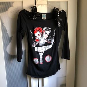 Punk rockabilly style off shoulder graphic shirt
